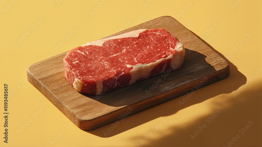 A raw steak sitting on top of a wooden cutting board. A raw steak sitting on top of a wooden cutting board.