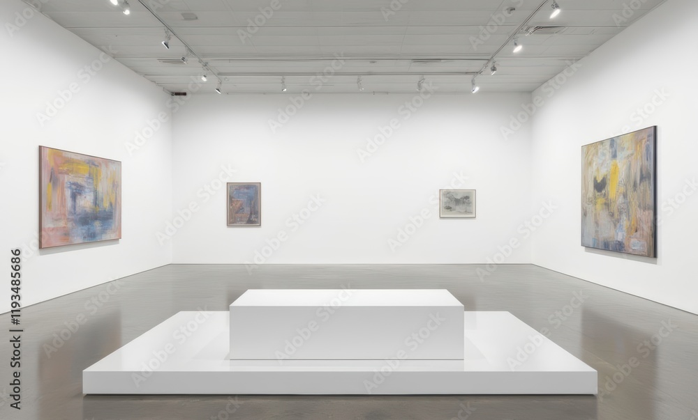 Minimalist art gallery with abstract paintings Minimalist art gallery with abstract paintings
