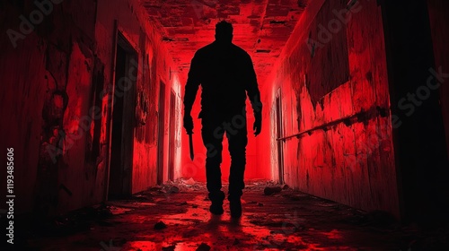 A chilling silhouette holding a knife stands in the dim red glow of an abandoned building, evoking the eerie atmosphere of a maniac horror story