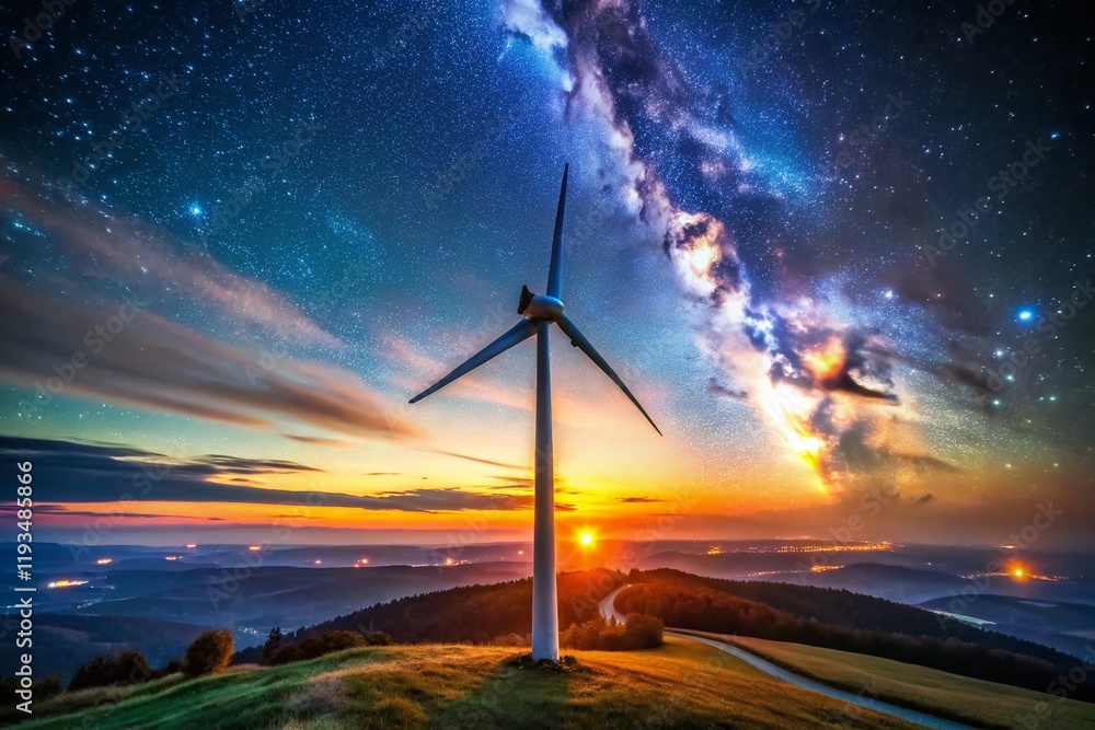 Obraz premium Glowing Particle Landscape with Sparkling Energy Wind Turbine - Sustainable Power Stock Photo