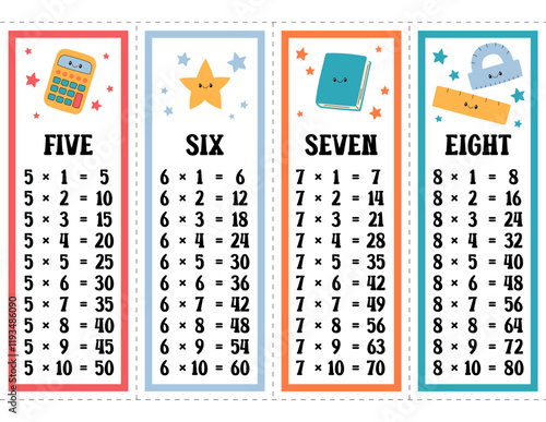 Times tables vector set. Printable multiplication table of five, six, seven and eight. Mathematical printout template for elementary school students in funny educational design