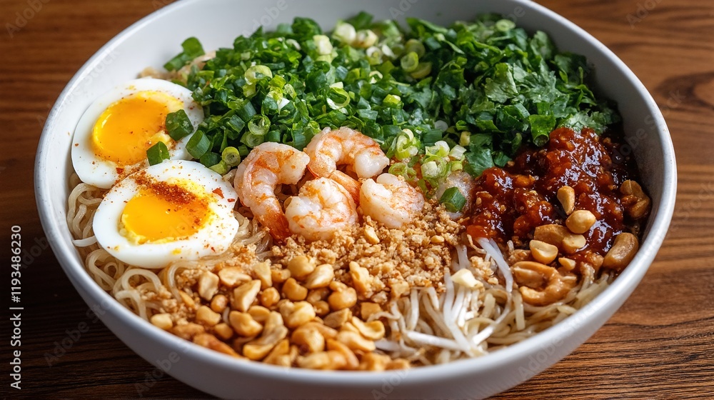 A bowl of noodles with shrimp, egg, and vegetables.