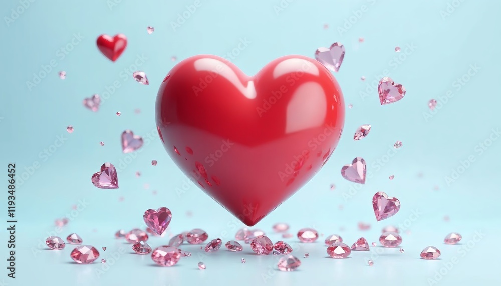 Red glossy heart, floating gemstones, diamonds, light blue background, love concept, Valentine’s theme, vibrant, shiny, 3D render Red glossy heart, floating gemstones, diamonds, light blue background, love concept, Valentine’s theme, vibrant, shiny, 3D render