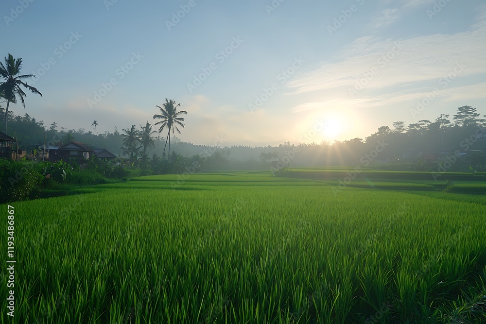Fototapeta premium Lush Rice Paddies at Sunrise in a Tropical Village