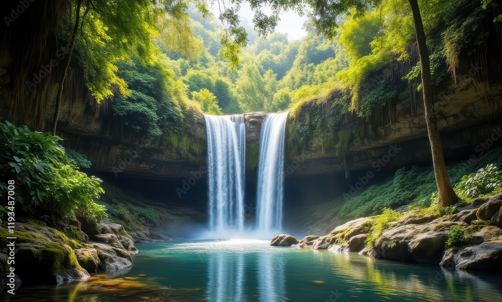 Serene waterfall in lush green forest Serene waterfall in lush green forest