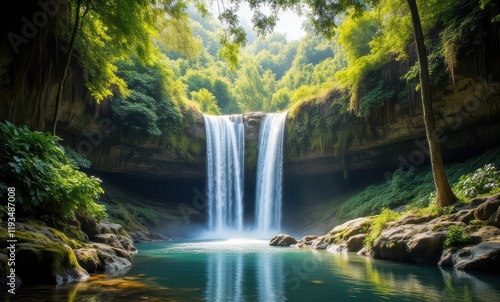 Serene waterfall in lush green forest
