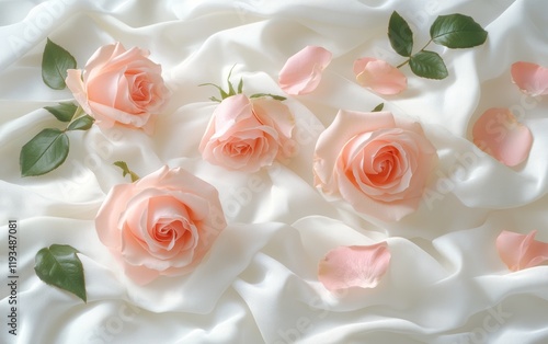 A bouquet of delicate pink roses lying on white linen fabric, for valentine's day photo