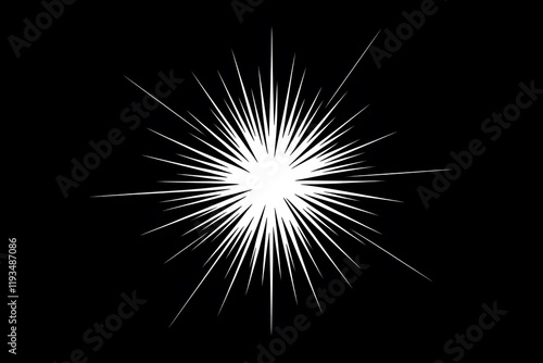 Black and White Starburst Illustration with Radiating Lines, Symmetrical Design, and Depth Effect on a Black Background