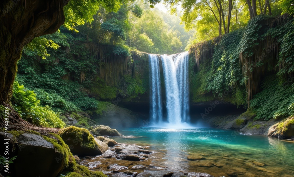 Serene waterfall in lush green surroundings Serene waterfall in lush green surroundings
