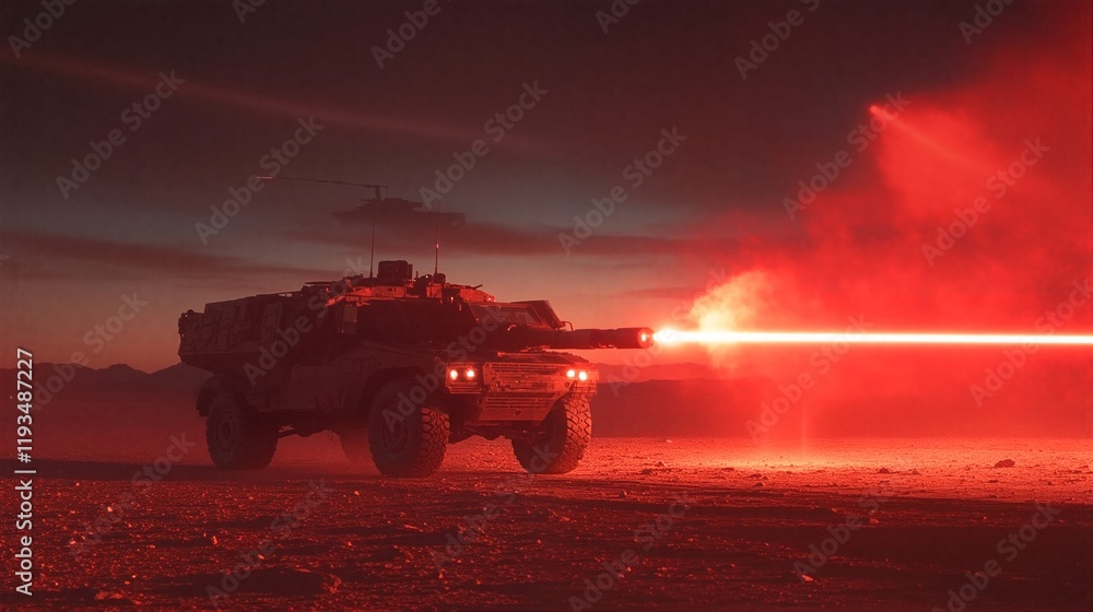 Fototapeta premium a military vehicle with a laser cannon mounted on its front, set against a desert landscape.