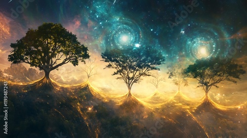 Creative representation of transcendentalism featuring symbolic trees cosmic harmony photo