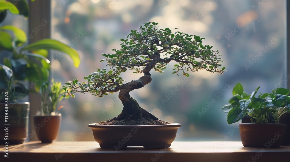 Miniature Bonsai Tree Sits on Windowsill Miniature Bonsai Tree Sits on Windowsill