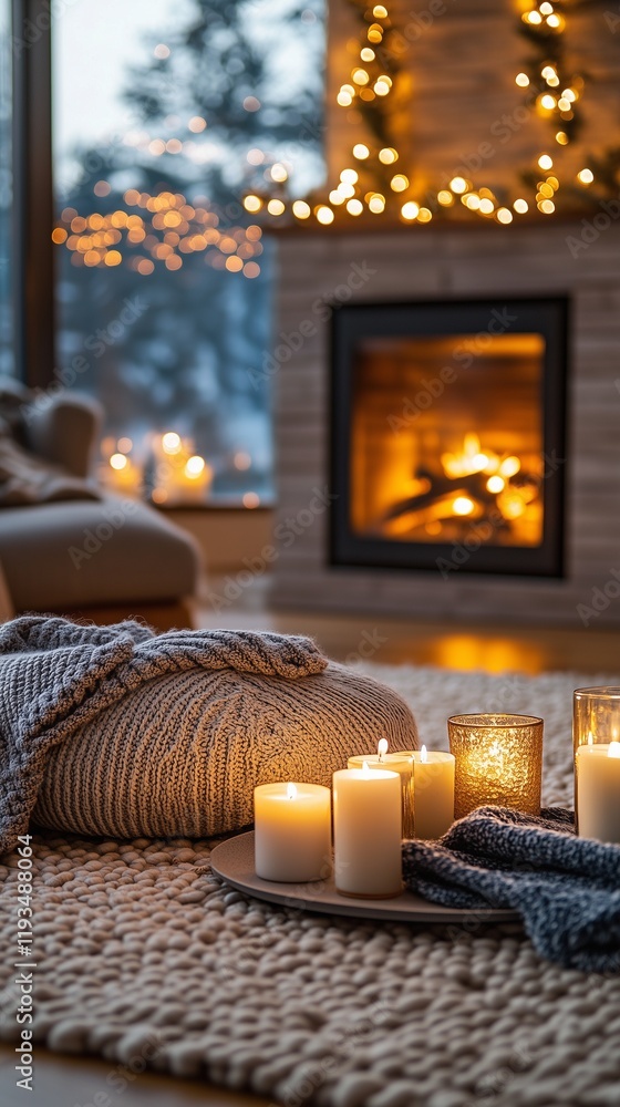 Cozy Ambiance: A Glowing Fireplace in a Tranquil Room Cozy Ambiance: A Glowing Fireplace in a Tranquil Room