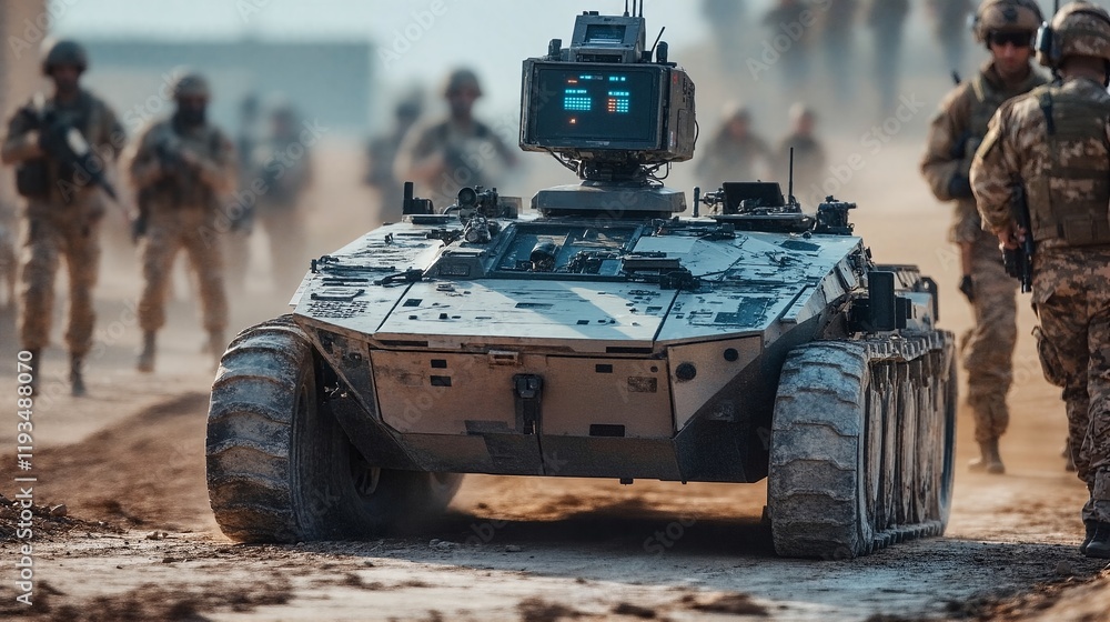 Fototapeta premium Military Personnel Walking Beside a Military Robot on a Mission.