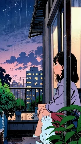 anime girl sitting under raining, lofi, rain, rainy, 4K resolution, lofi rain animation, sound, music, 4K Lofi Japanese Anime-style background animation video, anime lofi girl, lofi animation