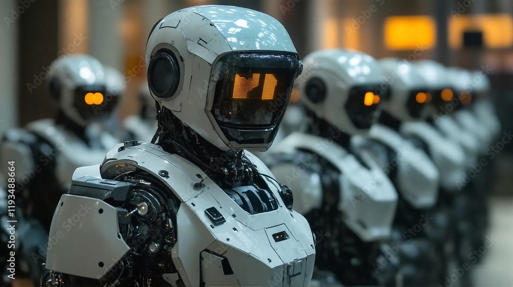 A Line of Robots Standing in a Row in an Industrial Setting. A Line of Robots Standing in a Row in an Industrial Setting.