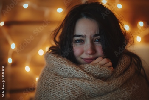 Wallpaper Mural Cozy and Warm Close-Up of a Person Coughing While Wrapped in a Soft Blanket with Rustic Bedroom Background and Glowing Fairy Lights Torontodigital.ca
