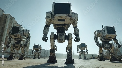 Robotic Army of Abandoned Monstrosities Marching Through a Post-Apocalyptic Landscape. photo