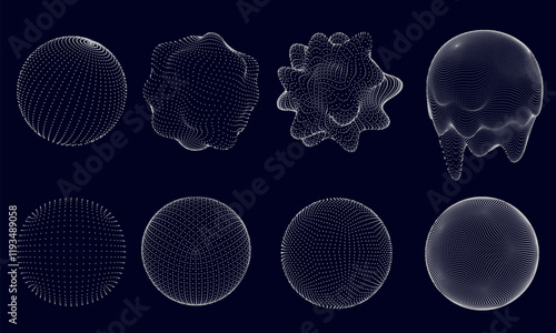 Dotted 3d sphere. Spherical forms, distorted and melted spheres with dot patterns. Abstract volumetric shapes with geometric wireframe dots isolated vector set.