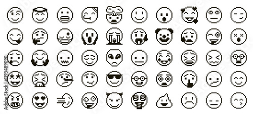 Pixel art emoji faces. Pixelated emoticon icons with different facial expressions, retro arcade gaming 8 bit happy and sad emotions. Stencil monochrome smiles vector set.