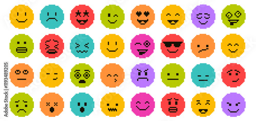 Pixel art faces. Retro pixelated emojis, colorful 8 bit emoticons with various facial expressions including happiness, sadness, anger, surprise and more. Minimal vector emoji icons set.