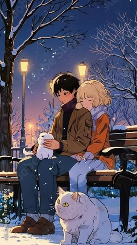 lofi anime girl, snow falling outside, lofi anime couple, 4K resolution, snow falling ambient, 4K Lofi Japanese Anime-style background animation video, christmas lofi, anime girl sleeping lofi, Lo-fi