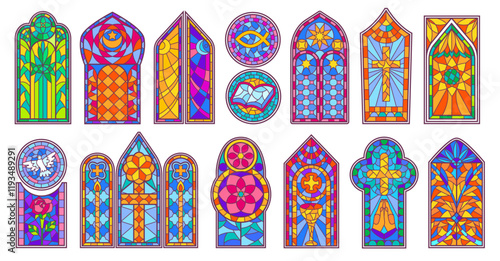 Church stained glass windows. Cathedral glass art decorative designs with Christian religious symbols, colorful geometric patterns and floral motifs. Sacred decor window isolated vector set.