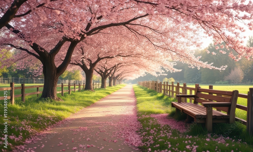 Serene cherry blossom pathway in spring. Serene cherry blossom pathway in spring.
