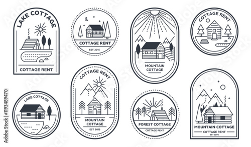 Cottage emblems. Vintage cabin retreats, outdoor getaways and countryside vacation branding badges with lake, forest, and mountain cottages. Nature tourism vector templates set.