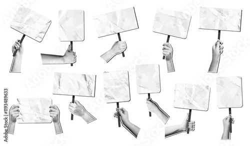 Mixed media hands holding placards. Crumpled paper blank protest or demonstration signs in halftone hand. Banners for activism, empty sign on stick for messages or announcements. isolated vector set.