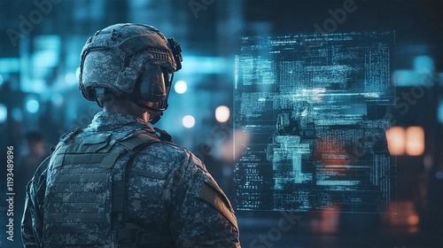 A soldier standing in front of a computer screen displaying digital information.