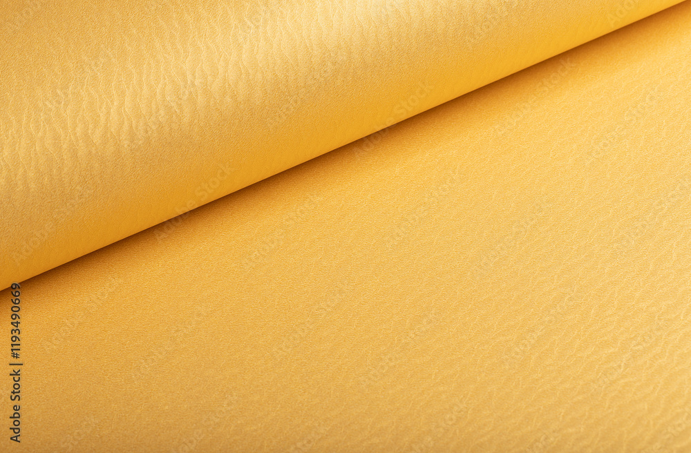 Fototapeta premium Golden yellow paper background with rippled, wavy metallic textures and a rolled, smooth surface. Warm vibrant tones and a polished design create a refined, luxurious, and dynamic composition.