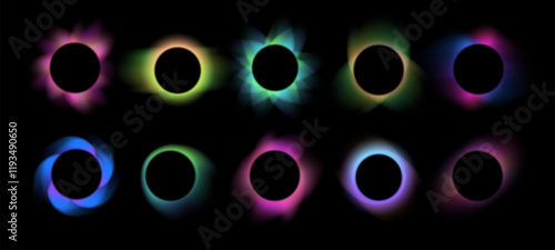Blurred gradient circle frames. Colorful glowing circular effects, abstract total eclipse with blurry gradient glow and circle with dynamic backlit rays isolated vector set.