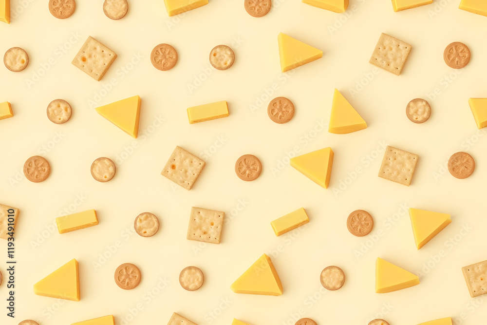 A whimsical pattern combining small cheese wedges, slices, and crackers, arranged in a balanced, repeating composition on a pastel background A whimsical pattern combining small cheese wedges, slices, and crackers, arranged in a balanced, repeating composition on a pastel background