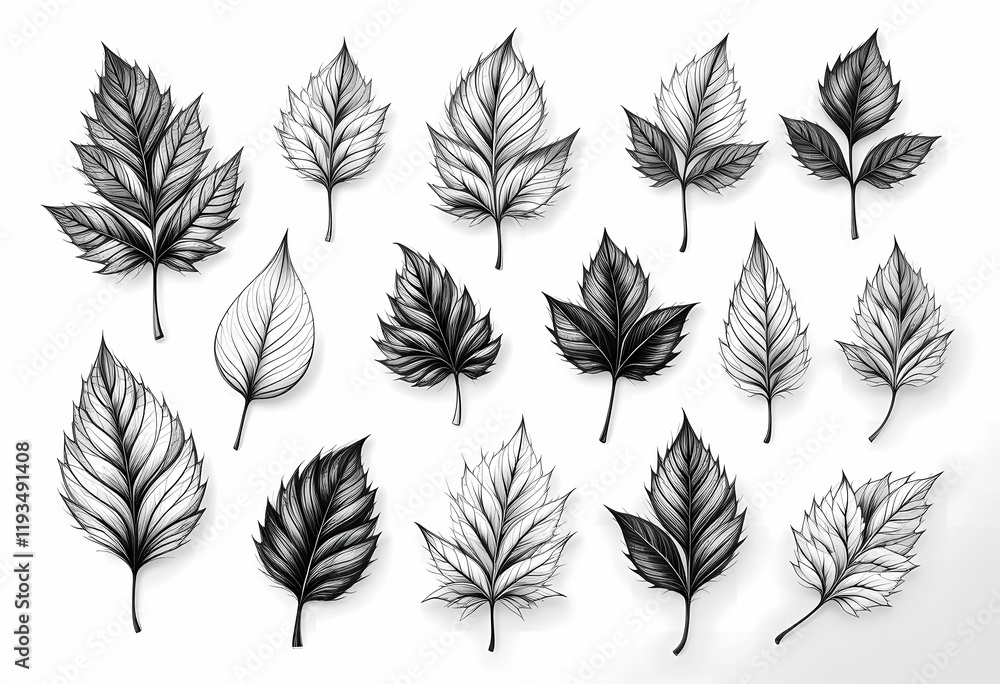 Obraz premium Collection of Hand-Drawn Botanical Illustrations: Intricate Black and White Leaves