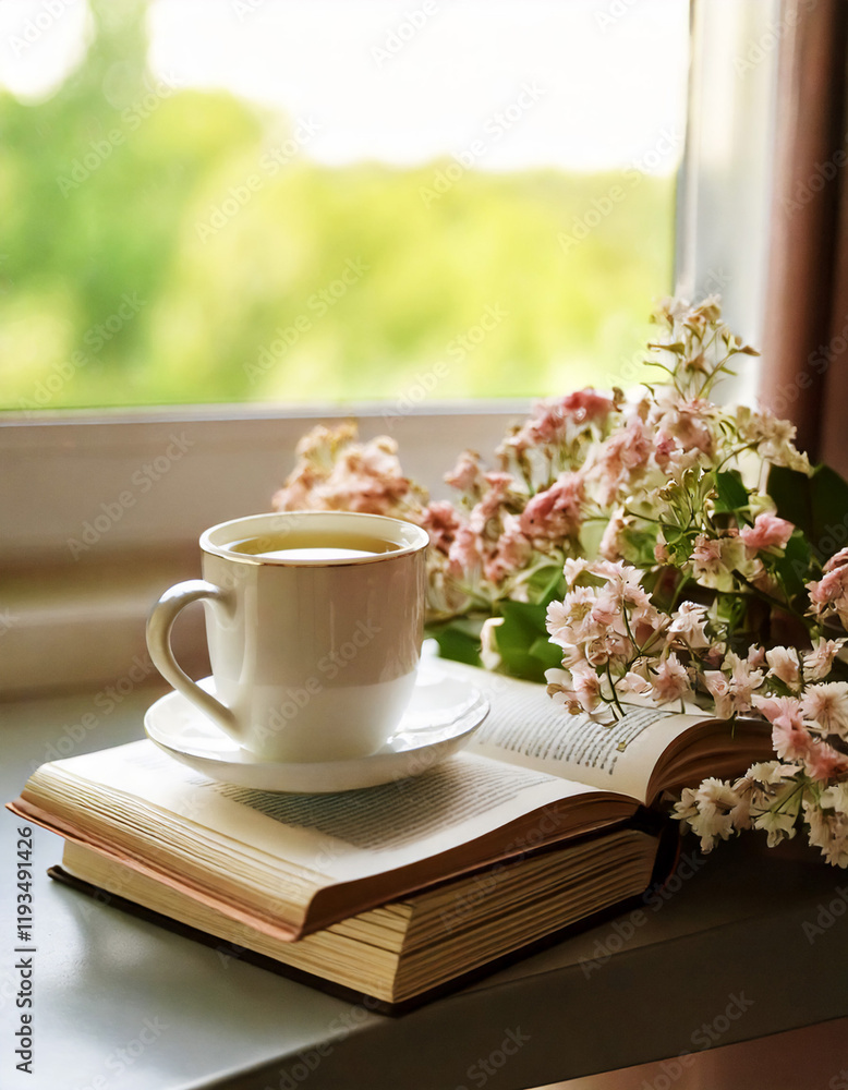 White cup of hot tea on open book with flowers, on window sill, copy space White cup of hot tea on open book with flowers, on window sill, copy space