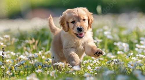 Joyful Golden Retriever Puppy Frolicking in a Field of Daisies on a Sunny Day photo