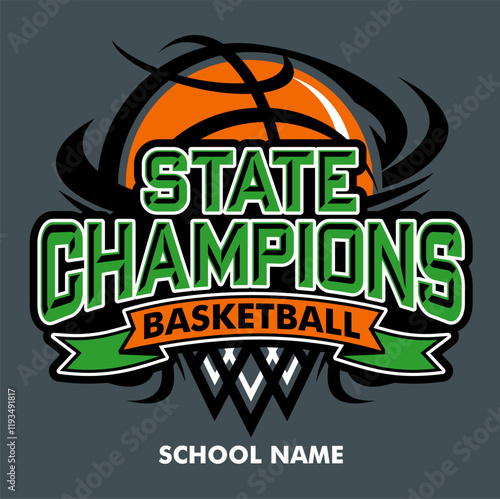 state champions in basketball team design with ball and banner for school, college or league sports