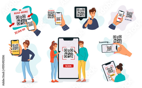 QR code frames with people. Cartoon characters using smartphones to scan qr codes, mobile scanning process and scan me templates with phone in hand. Vector illustrations set.