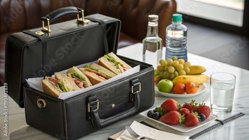 Gourmet Lunch in a Black Briefcase: Business Meeting Food Photography photo