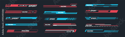 Racing car stripe decal. Dynamic sports labels and speed banner stickers with fast lines, checkered flag and abstract graphics. Isolated vector template set.