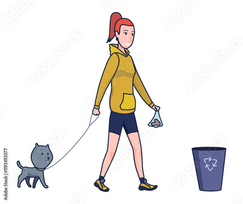 Cleaning after dog. Pet owner picking up pet waste during walk in public park. Animal responsibility of trash clean rules concept. Linear vector illustration