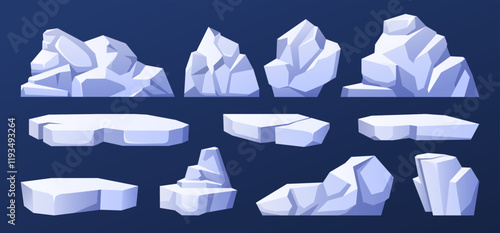 Cartoon ice floes. Icy rock shapes, cold glacier blocks and frozen floating icebergs. Antarctic winter themed isolated vector illustrations set.
