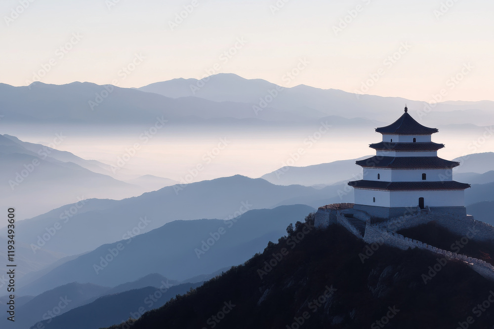 A mountain range with a white building in the distance A mountain range with a white building in the distance