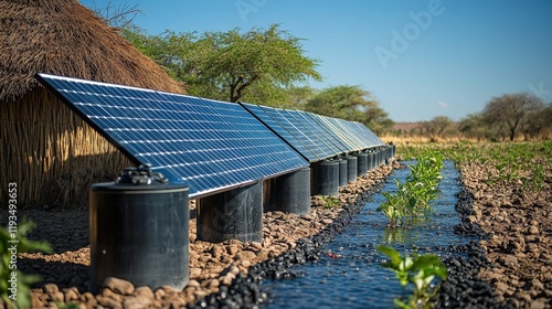 Solar Panels Utilized in Sustainable Agriculture Practices with a Clear Blue Sky and Green Crops Near a Traditional Thatched Hut in a Rural Landscape
