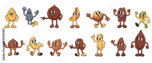 Retro nut mascot. Groovy nuts, happy beans and seeds characters in rubber hose cartoon animation style. Isolated vector illustrations set.