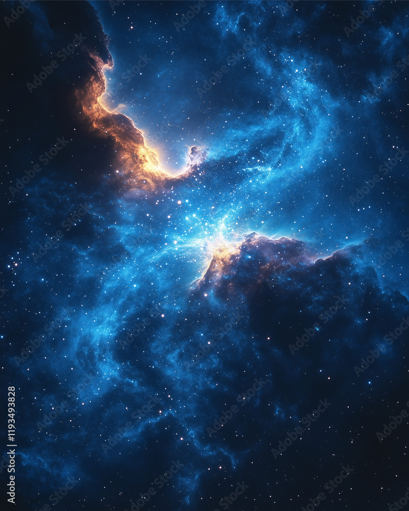 Fototapeta premium Cosmic Dance: An awe-inspiring nebula glows with ethereal blue and orange hues, creating a breathtaking spectacle of celestial wonder against a backdrop of shimmering stars. 