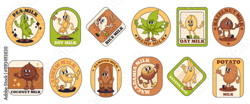 Groovy cartoon alternative milk label stickers. Plant based milk mascot characters in retro rubber hose style. Beverage branding packaging illustrations vector set.