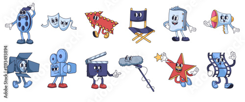 Groovy cinema mascots. Film studio, filming and movie production characters. Retro cartoon rubber hose style isolated vector illustrations set.