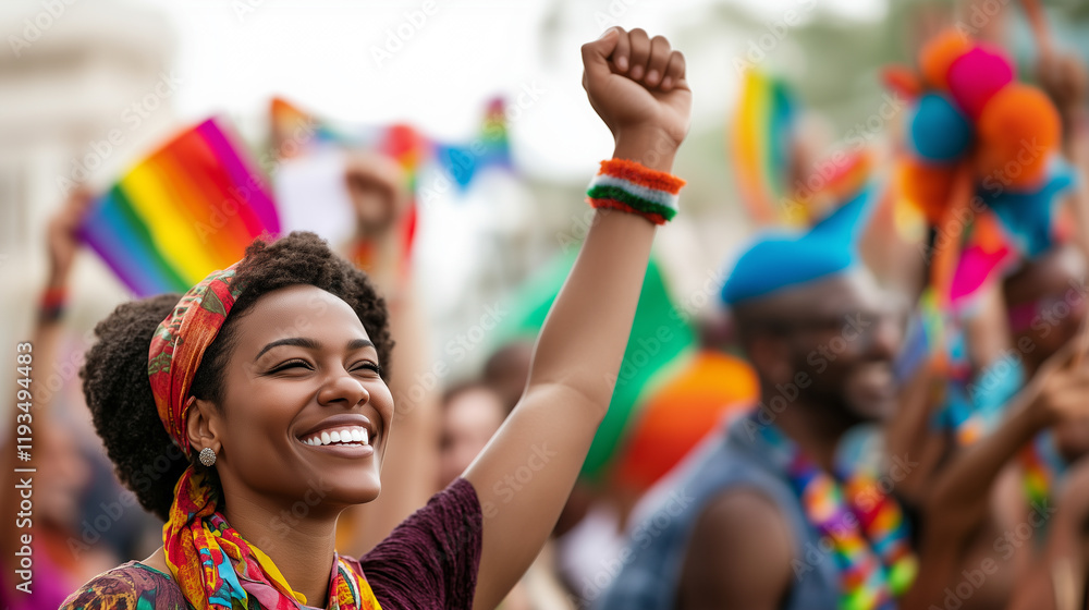 Fototapeta premium A cheerful African American woman celebrates diversity at a colorful gay pride parade in a bustling city on a sunny day. Generative AI